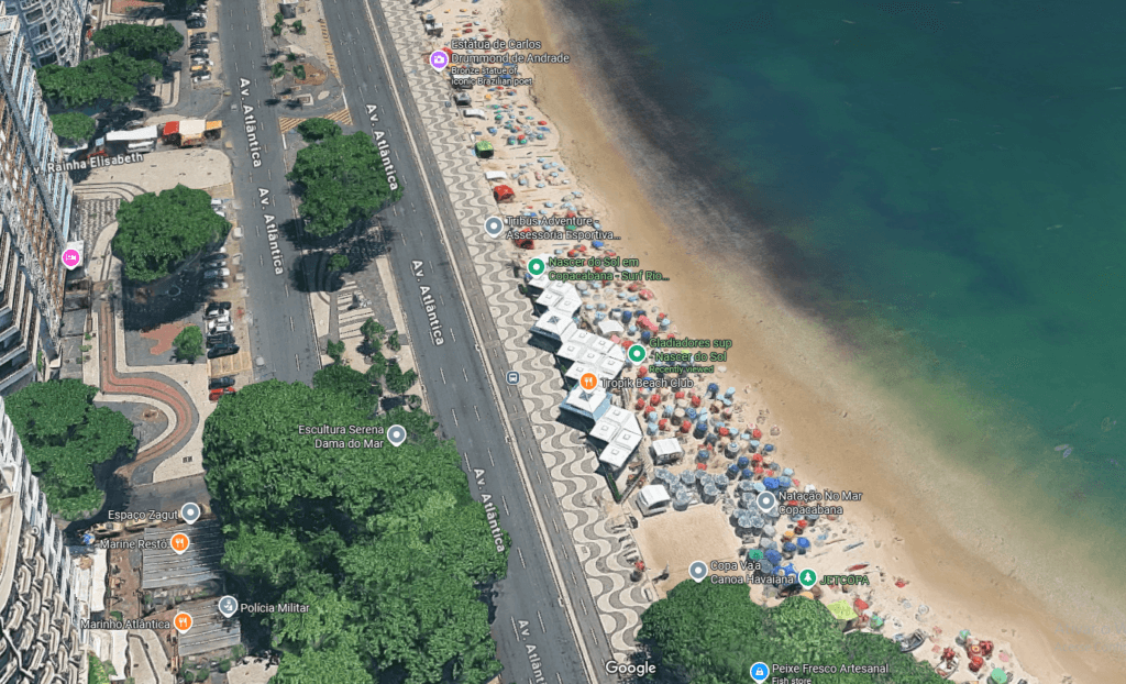 Mapa mostrando o caminho até o ponto de aula de stand up paddle em Copacabana, com destaque para os hotspots: ponto de ônibus Joaquim Nabuco, Quiosque Tropik e entrada para a praia.